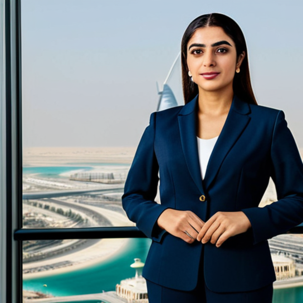 **

A professional Arab businesswoman in a modest, tailored business suit, standing confidently in a modern office overlooking Dubai. Appropriate attire, fully clothed, safe for work, perfect anatomy, natural pose, professional photography, high quality.

**