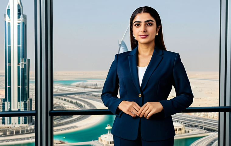 **
A professional Arab businesswoman in a modest, tailored business suit, standing confidently in a modern office overlooking Dubai. Appropriate attire, fully clothed, safe for work, perfect anatomy, natural pose, professional photography, high quality.
**