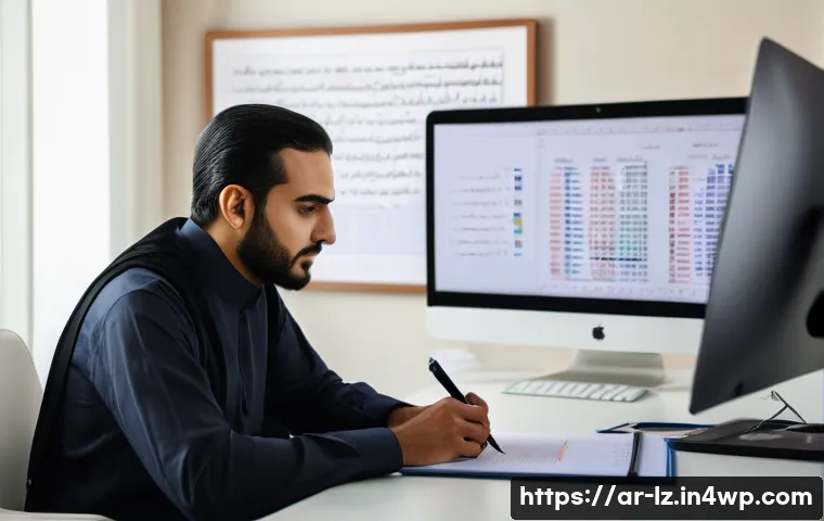 패턴 인식 능력 훈련을 위한 실습 자료 - A focused Arabic man in his 30s sitting at a clean, organized desk in a quiet home office decorated ...