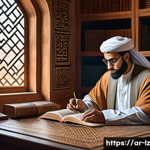 Home 33 패턴 인식 능력 강화에 도움이 되는 신경과학 - A detailed digital painting of an Arabic scholar in a traditional study room, surrounded by ancient ...
