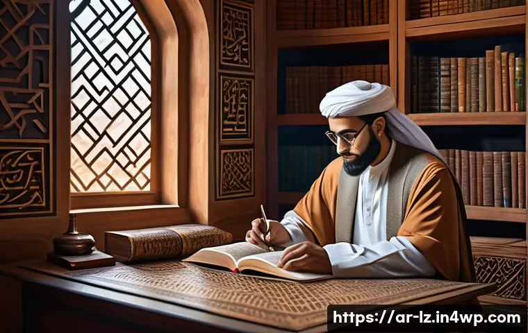패턴 인식 능력 강화에 도움이 되는 신경과학 - A detailed digital painting of an Arabic scholar in a traditional study room, surrounded by ancient ...
