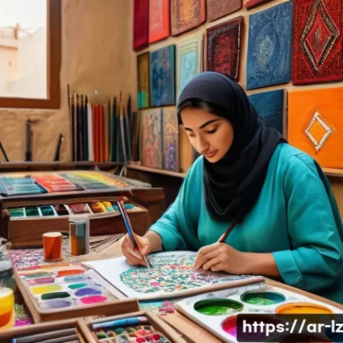 Home 32 패턴 인식 능력 향상을 위한 예술적 접근 - A detailed, vibrant scene of an Arabic artist’s studio filled with traditional and modern art suppli...
