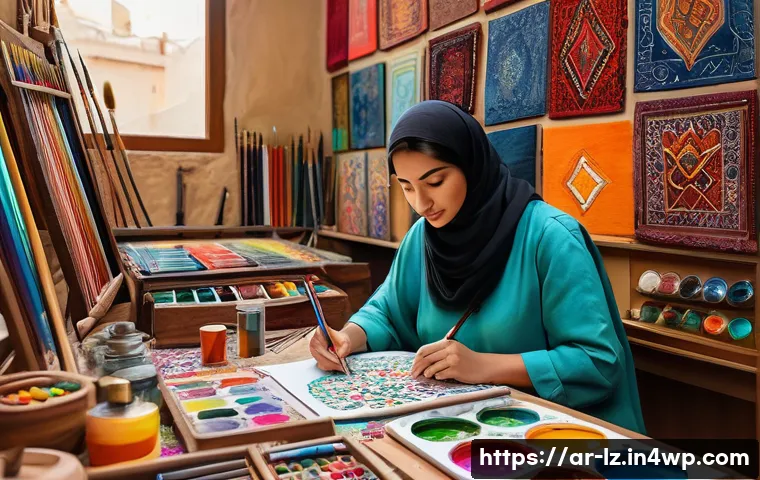 패턴 인식 능력 향상을 위한 예술적 접근 - A detailed, vibrant scene of an Arabic artist&rsquo;s studio filled with traditional and modern art suppli...