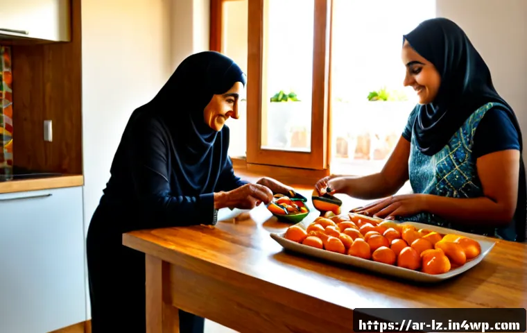 패턴 인식 능력 향상을 위한 실생활 활용 - Photorealistic Arab family in a bright modern home kitchen, grandmother and young granddaughter arra...