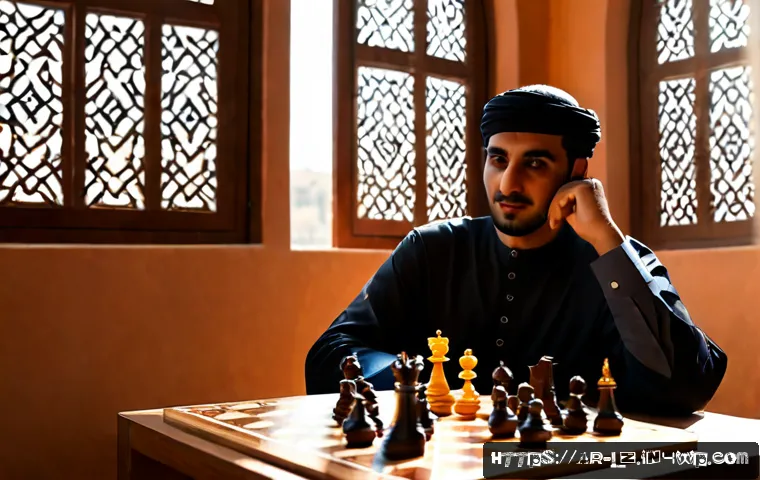 패턴 인식 능력 관련 유명 사례 분석 - Photorealistic Arab chess master in a refined Middle Eastern study, calmly recognizing a strategic p...